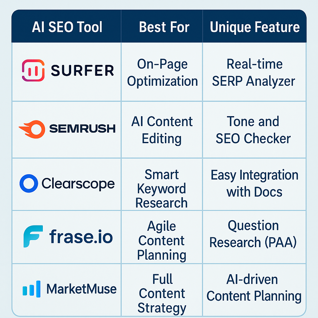 Comparison of leading AI SEO tools and their top features